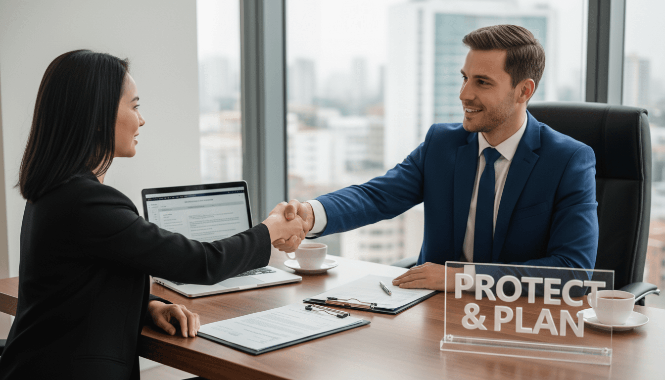 Insurance professional reviewing auto insurance quotes with customer in bright modern office