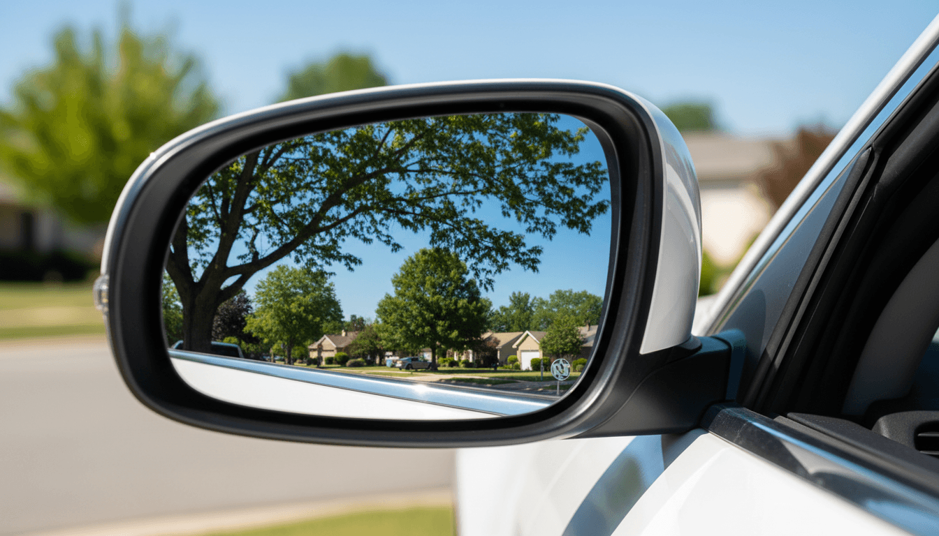 Car side mirror reflecting a suburban New Jersey street