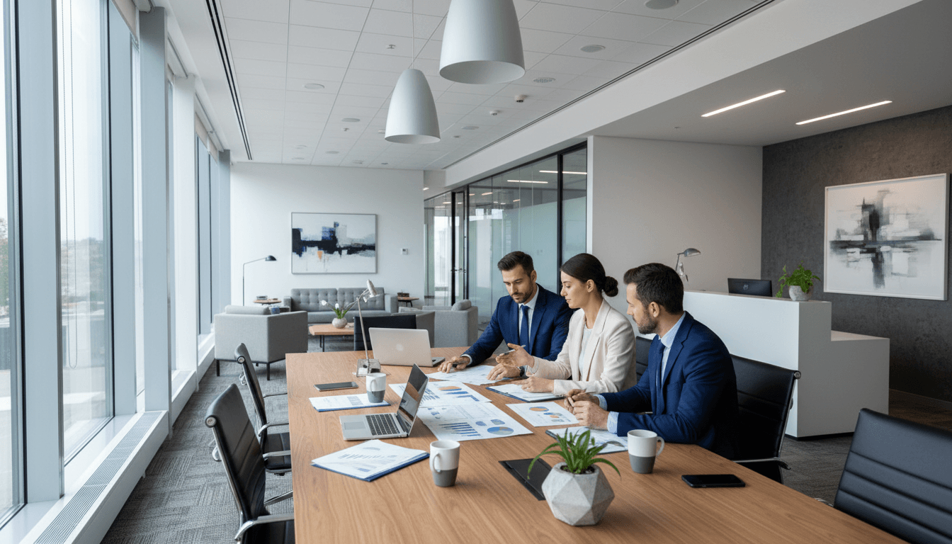 Professional insurance agent discussing auto coverage options with customer in modern office