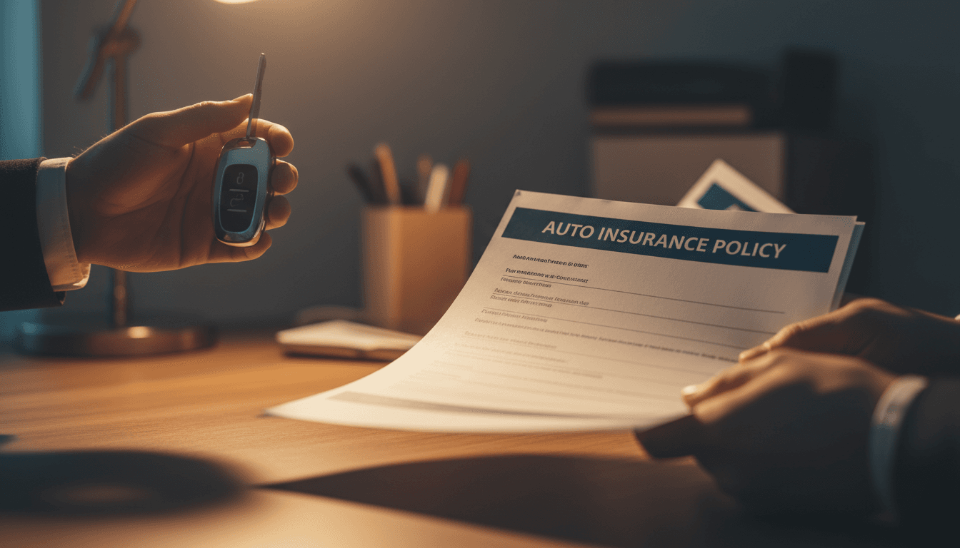 Car keys and insurance paperwork on desk