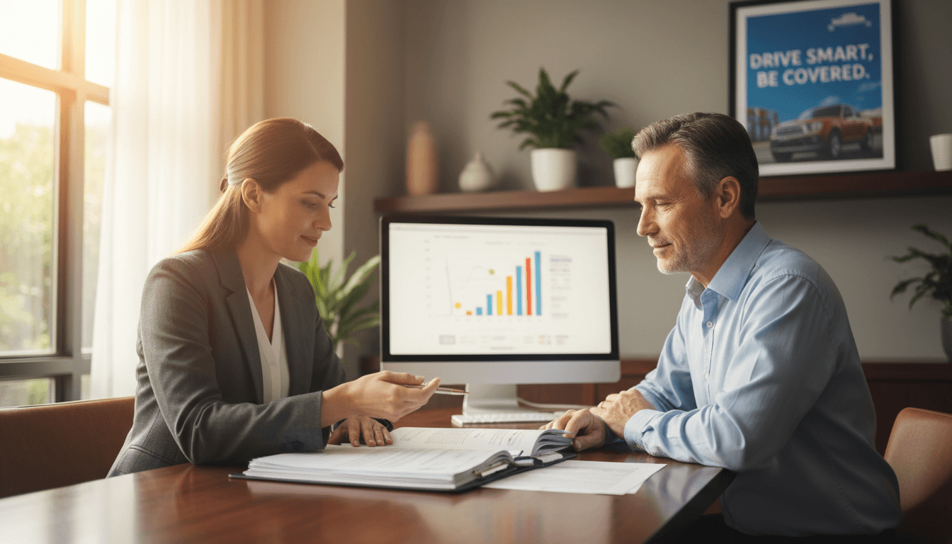 Auto insurance professional discussing coverage options with customer at desk