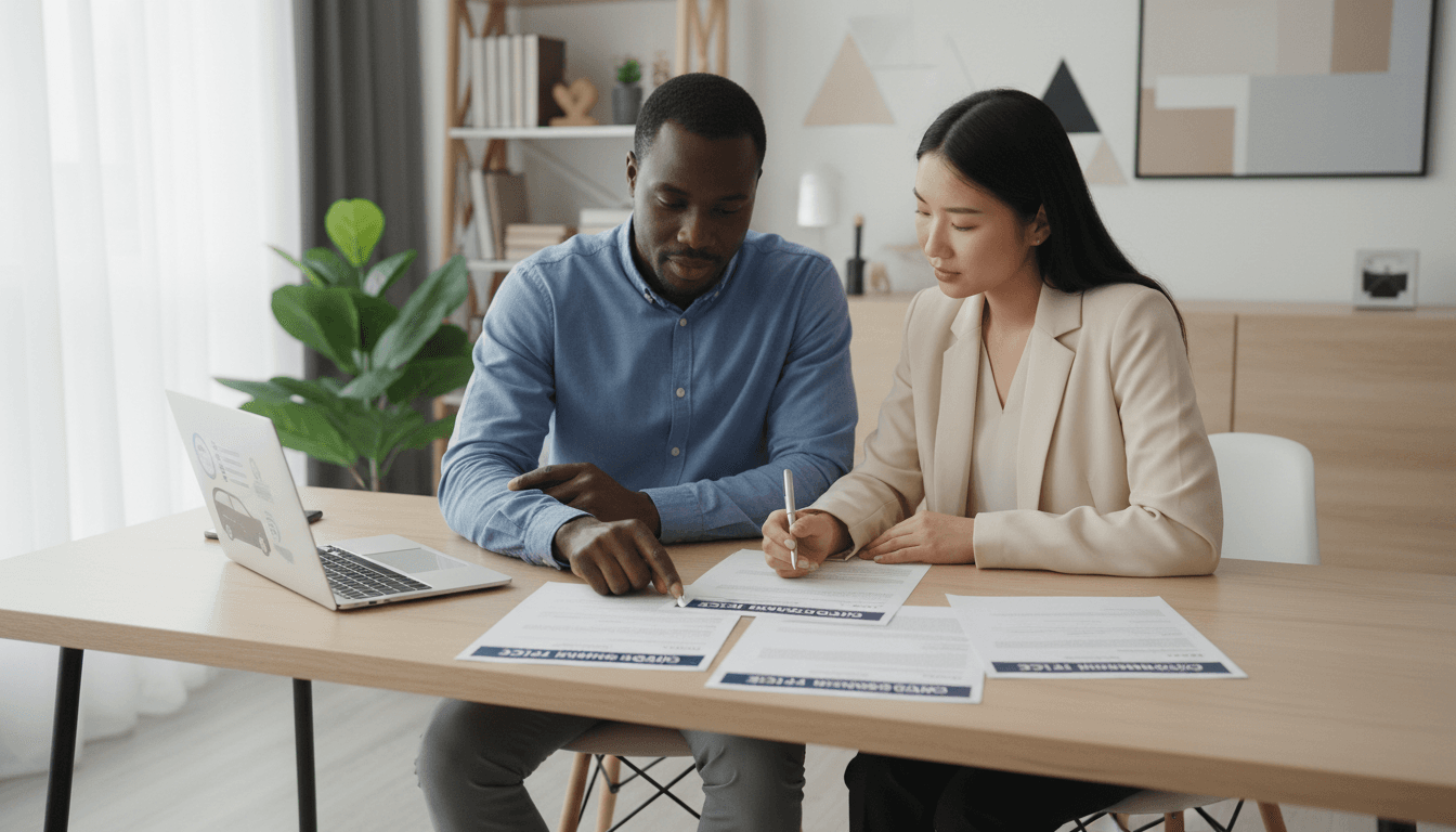 Smiling couple reviewing auto insurance quote documents together at home