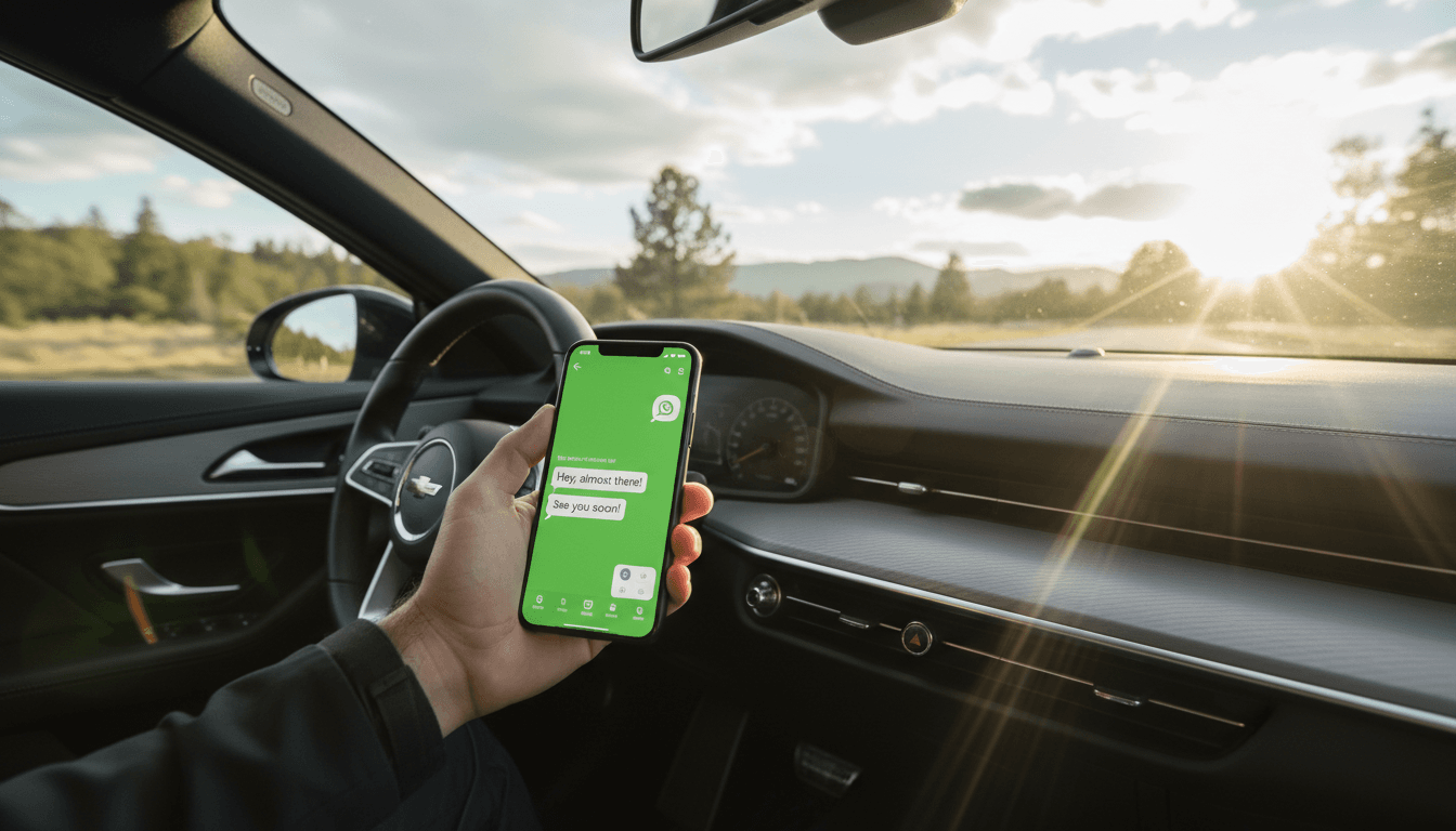 Person holding smartphone with WhatsApp open on car dashboard