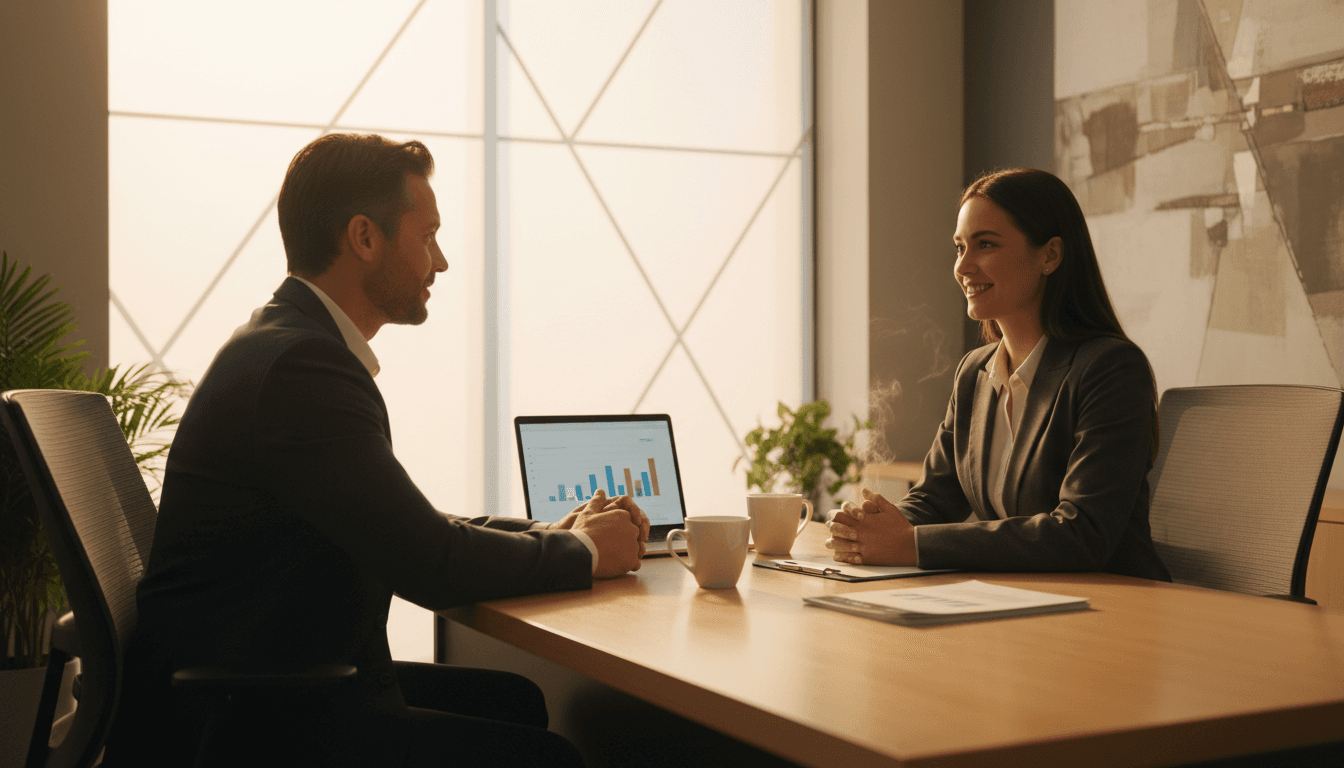 Professional insurance consultant providing personalized service to client in modern office setting
