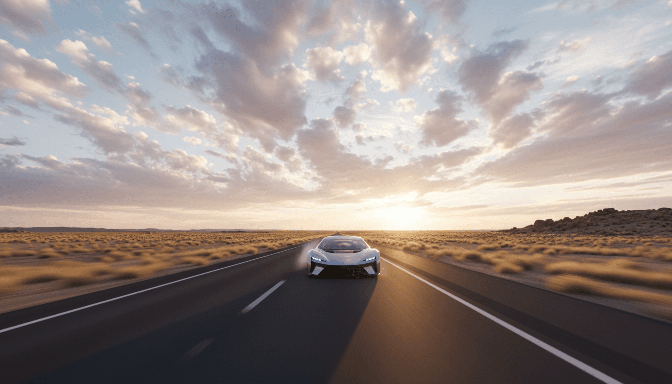 Car driving on an open highway under a bright sky