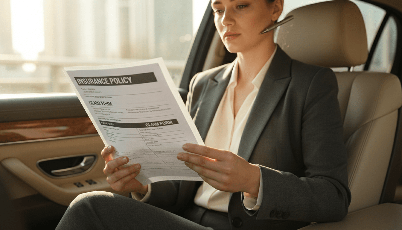 Woman reviewing auto insurance documents in car