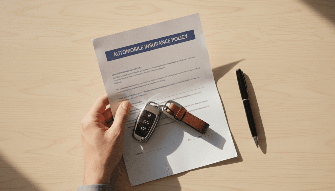 Auto insurance policy documents and car keys on a desk