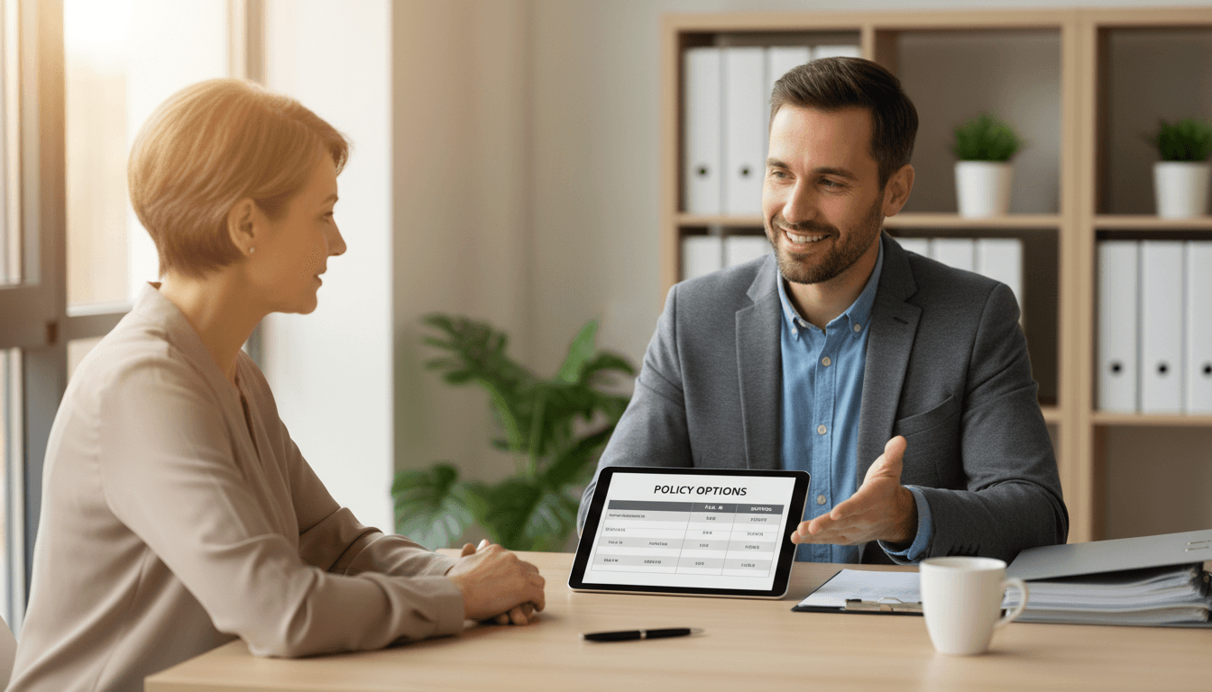 Professional insurance agent consulting with client in modern office setting