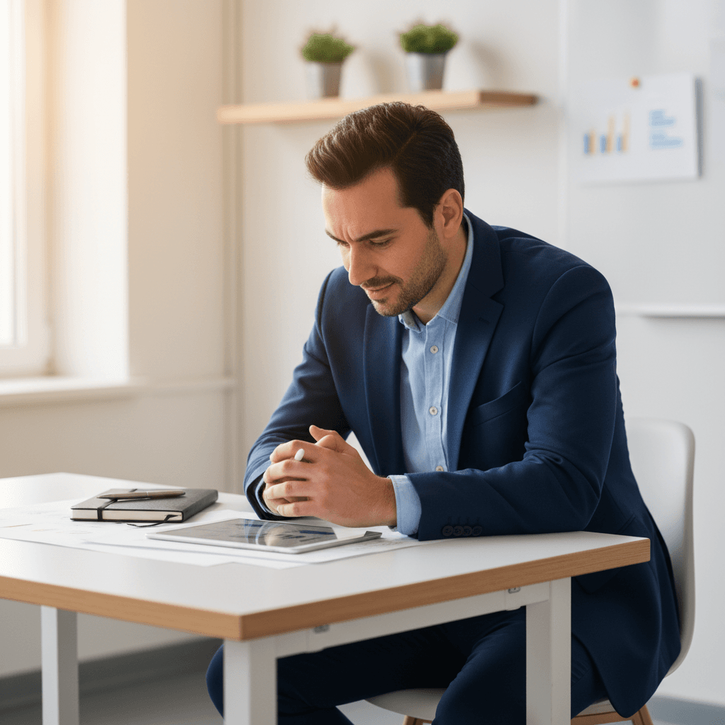 Professional insurance agent holding tablet with client information in modern office