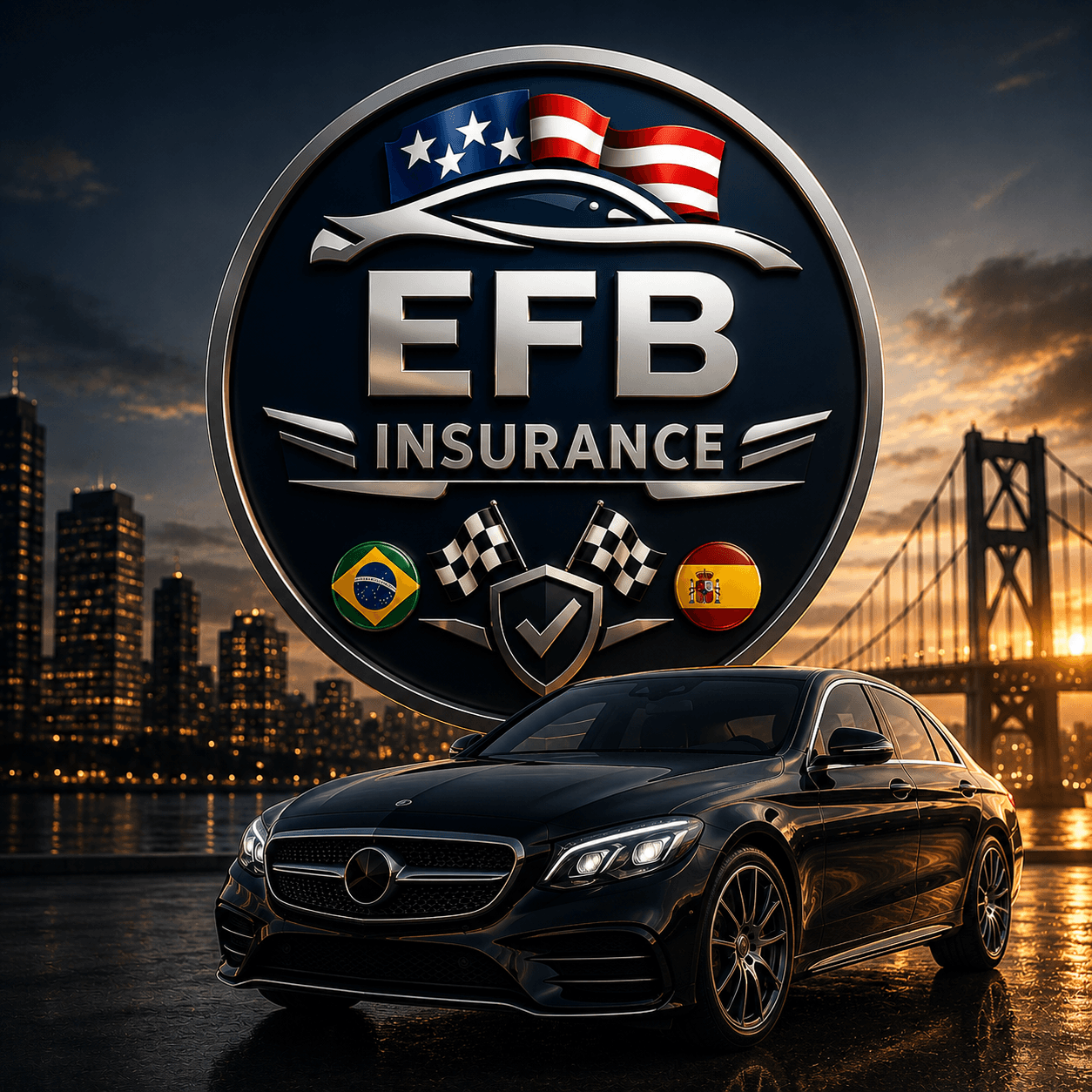 Black luxury car at sunset with an EFB Insurance logo, city skyline, and bridge.